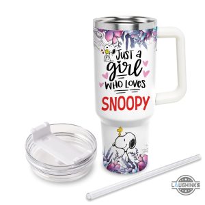 snoopy stanley cup 40 oz custom name just a girl who loves snoopy flower pattern 40oz stainless steel tumbler with handle and straw lid peanuts cups laughinks 2