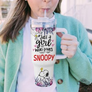 snoopy stanley cup 40 oz custom name just a girl who loves snoopy flower pattern 40oz stainless steel tumbler with handle and straw lid peanuts cups laughinks 3