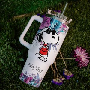 snoopy stanley cup 40 oz custom name just a girl who loves snoopy flower pattern 40oz stainless steel tumbler with handle and straw lid peanuts cups laughinks 4