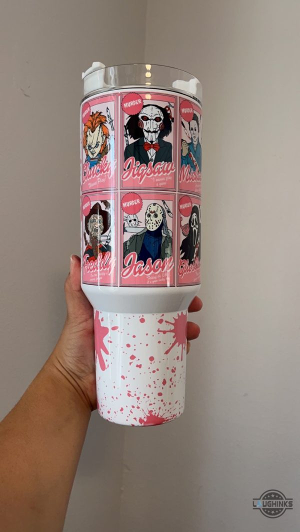 horror cup killers card 40oz stanley dupe tumbler 40 oz horror movies jason vorhees ghostface travel stainless steel cups with handle pink halloween gift laughinks 1