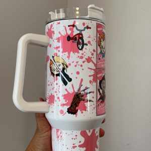 horror cup killers card 40oz stanley dupe tumbler 40 oz horror movies jason vorhees ghostface travel stainless steel cups with handle pink halloween gift laughinks 2