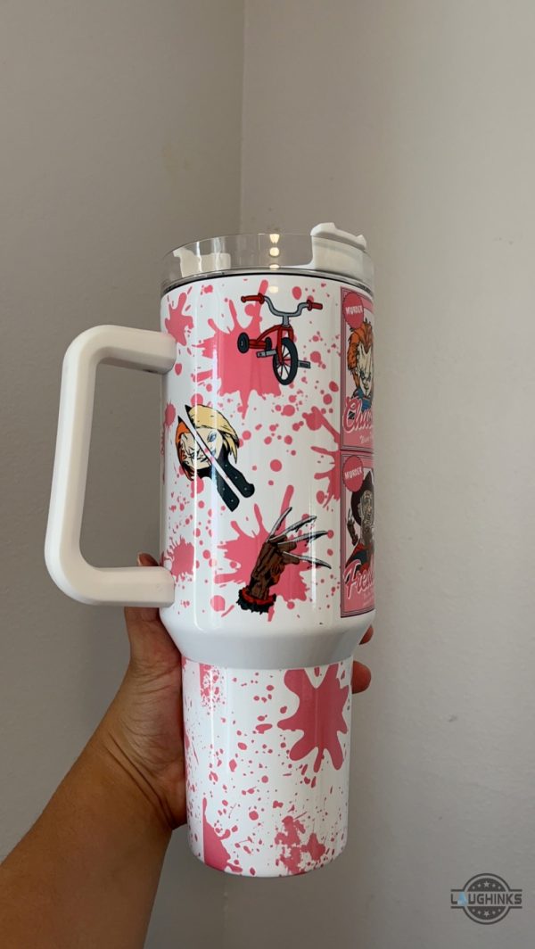 horror cup killers card 40oz stanley dupe tumbler 40 oz horror movies jason vorhees ghostface travel stainless steel cups with handle pink halloween gift laughinks 2