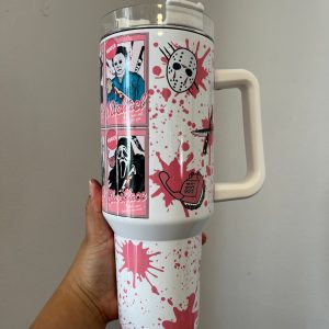 horror cup killers card 40oz stanley dupe tumbler 40 oz horror movies jason vorhees ghostface travel stainless steel cups with handle pink halloween gift laughinks 3