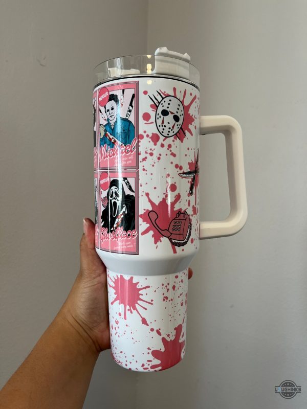 horror cup killers card 40oz stanley dupe tumbler 40 oz horror movies jason vorhees ghostface travel stainless steel cups with handle pink halloween gift laughinks 3