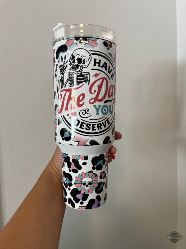 sugar skull tumbler 40 oz have the day you deserve 40oz stainless steel stanley cup with handle flowers skeleton pattern halloween gift laughinks 1