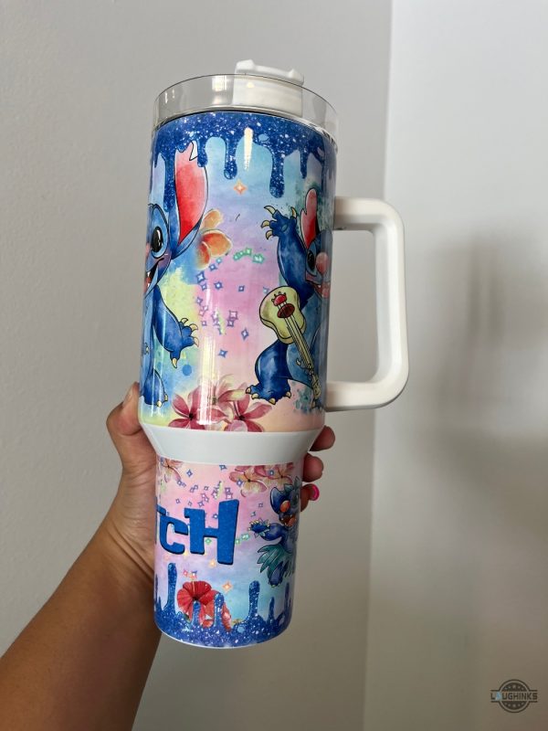 stitch tumbler 40oz stitch drip stanley dupe cup aloha dancing lilo and stitch blue 40 oz stainless steel cup with handle disney gift laughinks 3