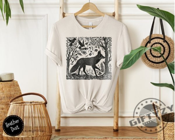 Folklore Forest Fox Lino Print Shirt Vintage Forestcore Tshirt Folk Art Linocut Fox Hoodie Cottagecore Aesthetic Sweatshirt Trendy Shirt giftyzy 5