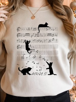 Cat And Music Notes Sweatshirt Funny Musician Sweater Cat And Music Lover Sweatshirt Cat Playing Music Note Sweater Kitty Sweatshirt Unique revetee 2