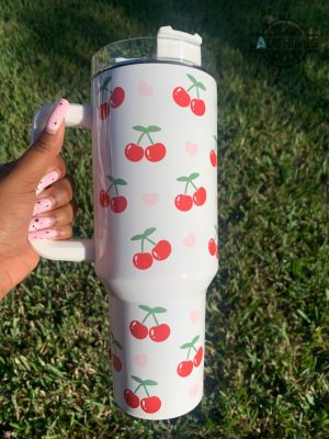 stanley tumbler valentines day gift ideas for her cherries and hearts 40oz tumbler with handle cute stainless steel cup pink cherry blossoms bomb travel mug laughinks 2