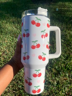 stanley tumbler valentines day gift ideas for her cherries and hearts 40oz tumbler with handle cute stainless steel cup pink cherry blossoms bomb travel mug laughinks 3