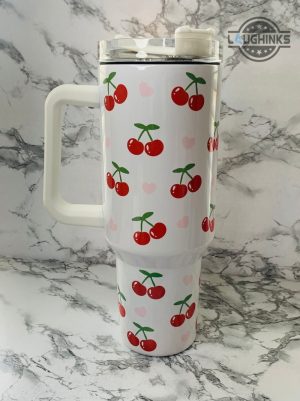 stanley tumbler valentines day gift ideas for her cherries and hearts 40oz tumbler with handle cute stainless steel cup pink cherry blossoms bomb travel mug laughinks 4