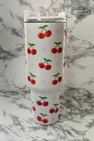 stanley tumbler valentines day gift ideas for her cherries and hearts 40oz tumbler with handle cute stainless steel cup pink cherry blossoms bomb travel mug laughinks 5