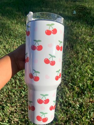 stanley tumbler valentines day gift ideas for her cherries and hearts 40oz tumbler with handle cute stainless steel cup pink cherry blossoms bomb travel mug laughinks 7