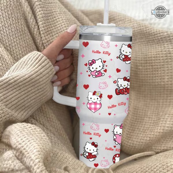 hello kitty valentines day stanley cup dupe 40 oz pink valentines day gift for her pink cat cartoon stainless steel tumblers with handle sanrio 40oz quencher tumbler laughinks 2 1