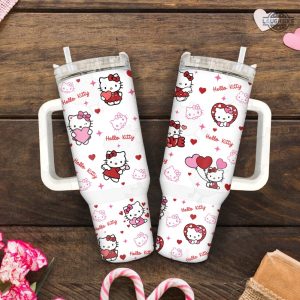 hello kitty valentines day stanley cup dupe 40 oz pink valentines day gift for her pink cat cartoon stainless steel tumblers with handle sanrio 40oz quencher tumbler laughinks 3 1