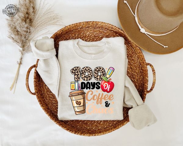 100 Days Of Coffee And Chaos Sweatshirt 100Th Day Of School Leopard Teacher Sweater Gift For Teachers Back To School Shirt Teacher Tee Unique revetee 1