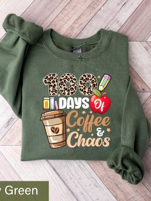 100 Days Of Coffee And Chaos Sweatshirt 100Th Day Of School Leopard Teacher Sweater Gift For Teachers Back To School Shirt Teacher Tee Unique revetee 2