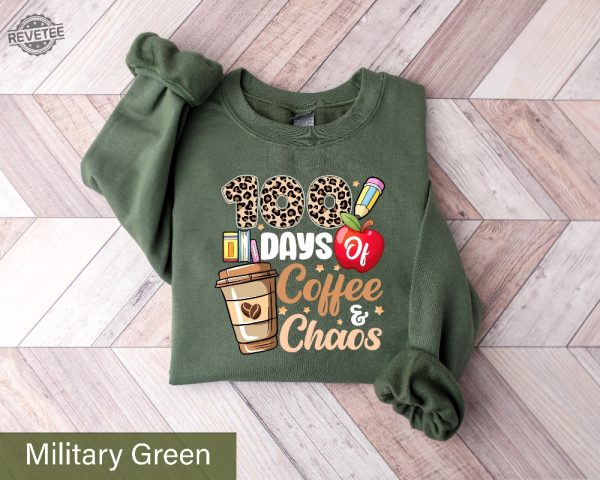 100 Days Of Coffee And Chaos Sweatshirt 100Th Day Of School Leopard Teacher Sweater Gift For Teachers Back To School Shirt Teacher Tee Unique revetee 2