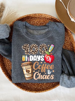 100 Days Of Coffee And Chaos Sweatshirt 100Th Day Of School Leopard Teacher Sweater Gift For Teachers Back To School Shirt Teacher Tee Unique revetee 3