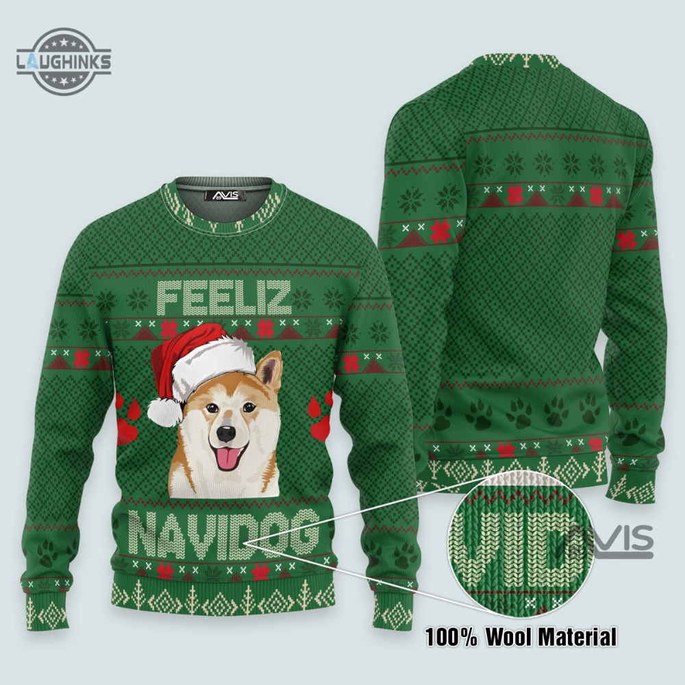 Shiba Inu Feliz Navidog Ugly Christmas Sweater  All Over Printed Artificial Wool Sweatshirt Mens Womens Funny Xmas Gift
