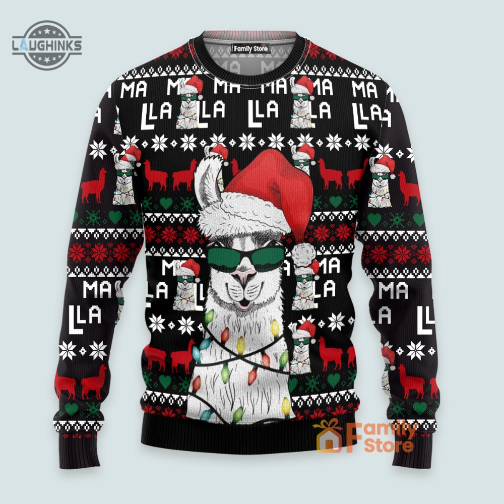 Funny Llama Christmas Light Ugly Sweater  All Over Printed Artificial Wool Sweatshirt Mens Womens Funny Xmas Gift