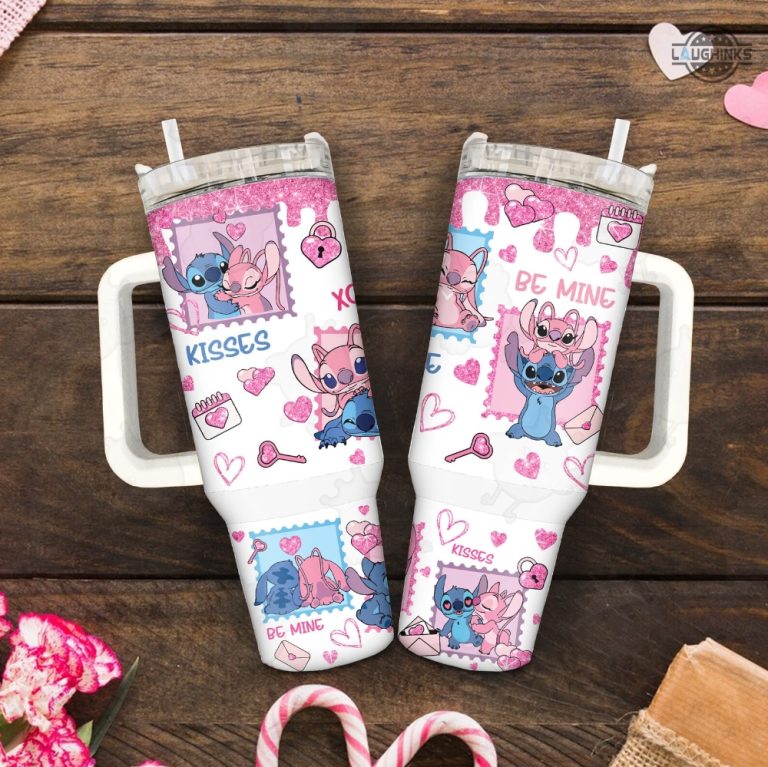 Stitch And Angel Valentines Cup 40 Oz Be Mine Pink Valentines Stanley Tumbler Dupe 40Oz Couple