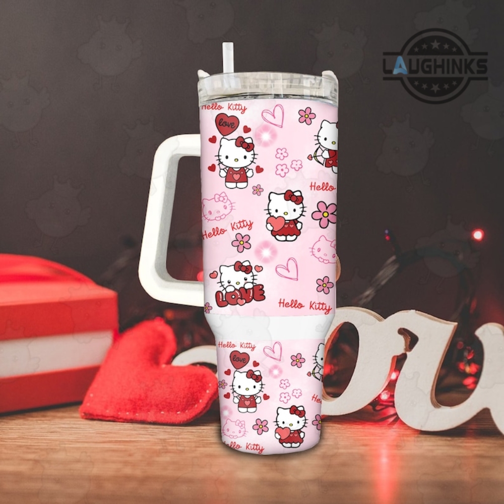 Valentines Day Stanley Cup 40 Oz X Hello Kitty Sanrio Valentines Day Gift  For Her Pink Cat Stainless Steel Tumbler Cartoon Movies 40Oz Cups -  Laughinks