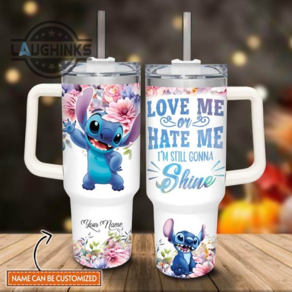 custom name stitch im still gonna shine flower pattern 40oz stainless steel tumbler with handle and straw lid 40 oz stanley travel cups laughinks 1