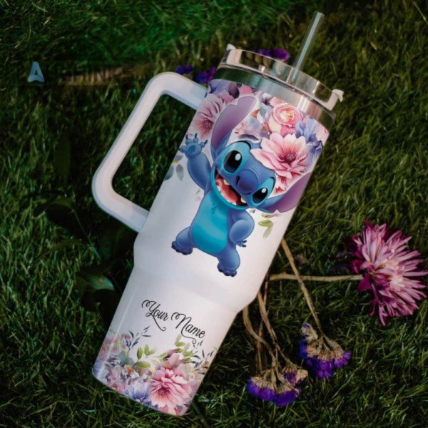 custom name stitch im still gonna shine flower pattern 40oz stainless steel tumbler with handle and straw lid 40 oz stanley travel cups laughinks 1 5