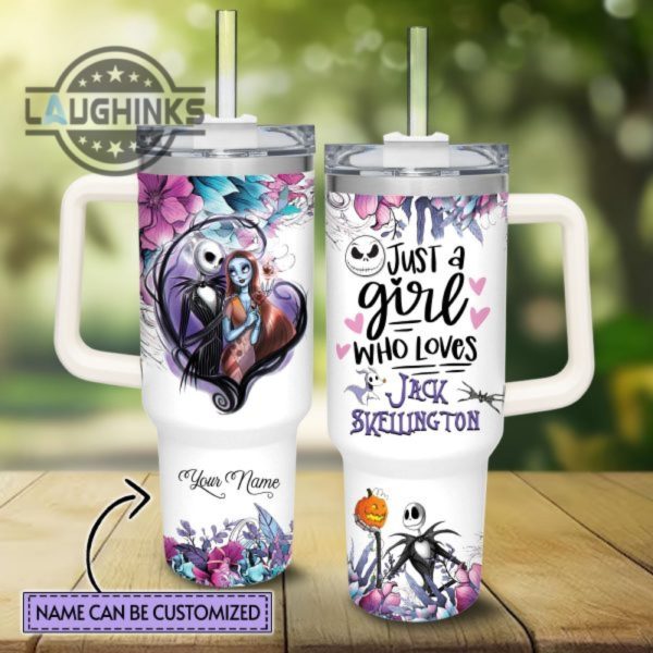 custom name just a girl loves jack skellington flower pattern 40oz tumbler with handle and straw lid 40 oz stanley travel cups laughinks 1