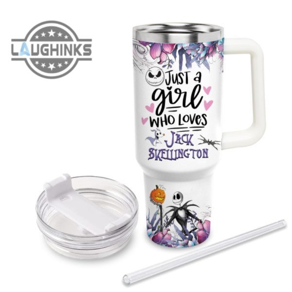 custom name just a girl loves jack skellington flower pattern 40oz tumbler with handle and straw lid 40 oz stanley travel cups laughinks 1 2