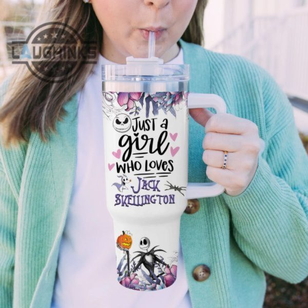 custom name just a girl loves jack skellington flower pattern 40oz tumbler with handle and straw lid 40 oz stanley travel cups laughinks 1 4