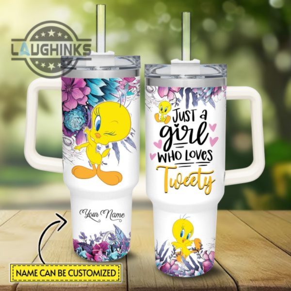 custom name just a girl loves tweety flower pattern 40oz tumbler with handle and straw lid 40 oz stanley travel cups laughinks 1