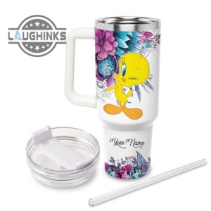 custom name just a girl loves tweety flower pattern 40oz tumbler with handle and straw lid 40 oz stanley travel cups laughinks 1 1