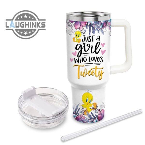 custom name just a girl loves tweety flower pattern 40oz tumbler with handle and straw lid 40 oz stanley travel cups laughinks 1 2