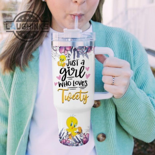 custom name just a girl loves tweety flower pattern 40oz tumbler with handle and straw lid 40 oz stanley travel cups laughinks 1 4
