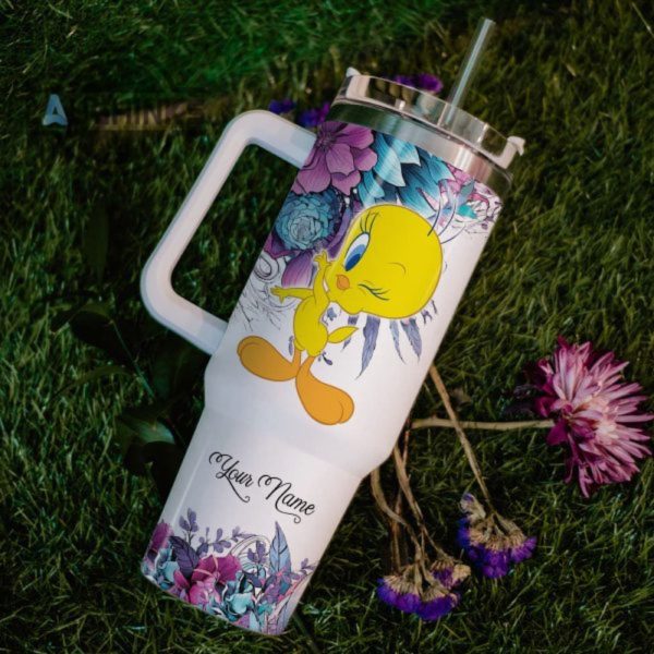 custom name just a girl loves tweety flower pattern 40oz tumbler with handle and straw lid 40 oz stanley travel cups laughinks 1 5