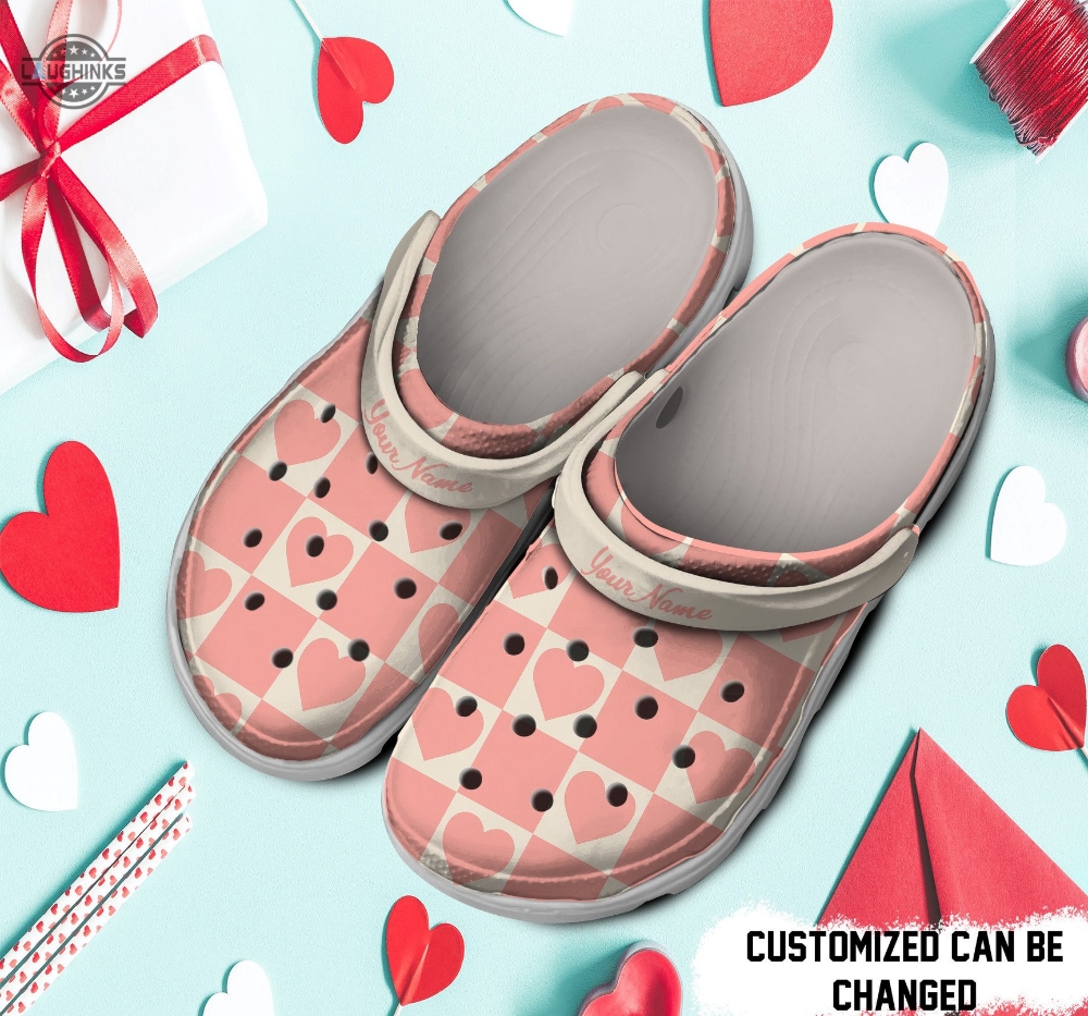 Personalized Valentines Pattern Pink Checkerboard Hearts Clog Shoes Classic Valentine Crocs Valentines Day Crocs
