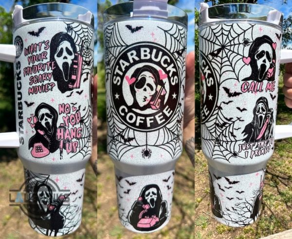 scream tumbler 40oz ghostface stanley dupe faux glitter stainless steel handled cup starbucks coffee no you hang up ghost face pink valentines day gift laughinks 1