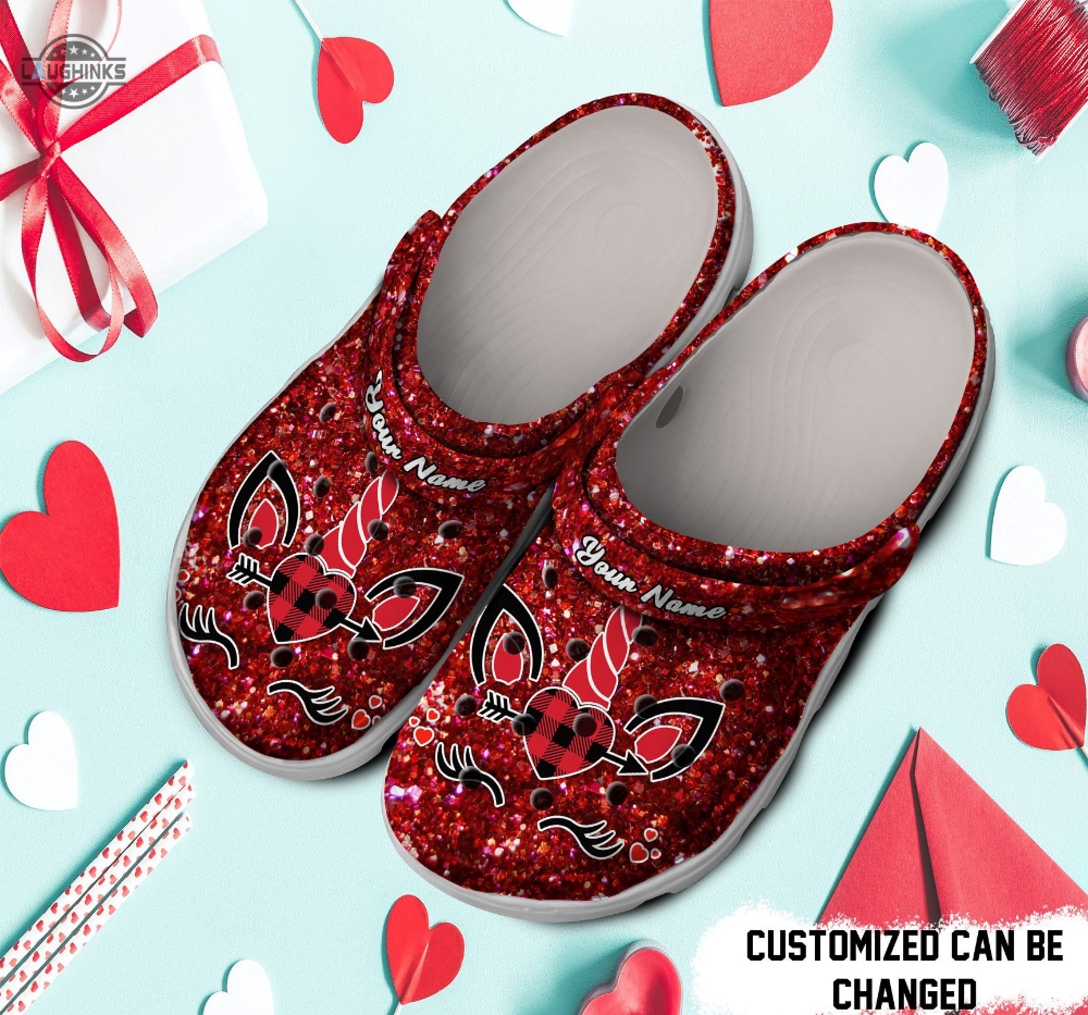 Personalized Unicorn Heart Valentine Glitter Clog Shoes Classic Valentine Crocs Valentines Day Crocs