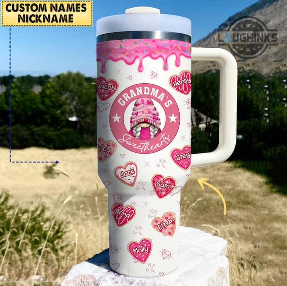 Sweethearts Tumbler 40 Oz Grandmas Sweethearts Pink Heart Theme Personalized 40Oz Stanley Cup Dupe Custom Grankids Names Gnome Valentines Day Gift