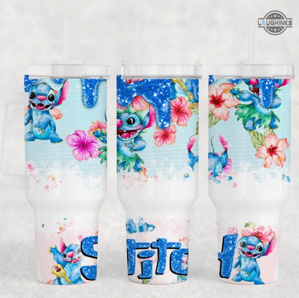 stitch stanley tumbler 40 oz faux glitter lilo and stitch stainless steel cup 40oz disney cartoon travel cups with handle hawaiian hibiscus aloha floral mugs laughinks 1