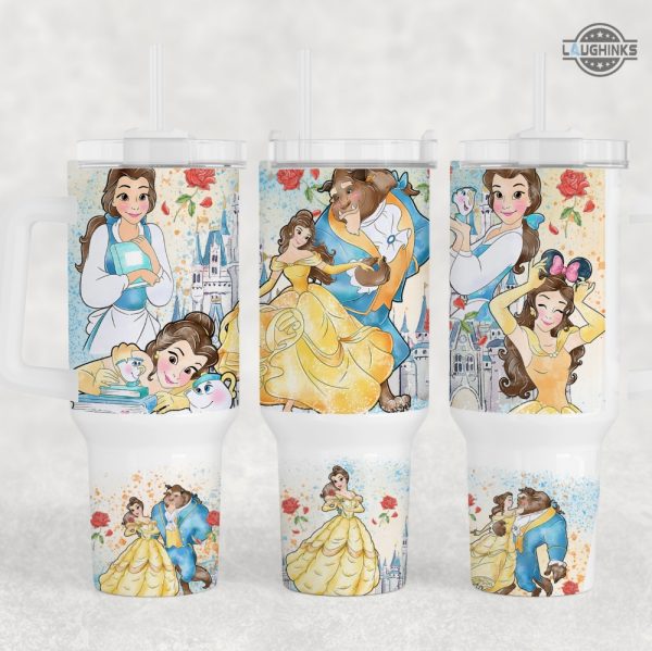 belle cup 40 oz disney stanley tumblers dupe 40oz beauty and the beast stainless steel tumbler with handle disney princess gift for her for kids laughinks 1