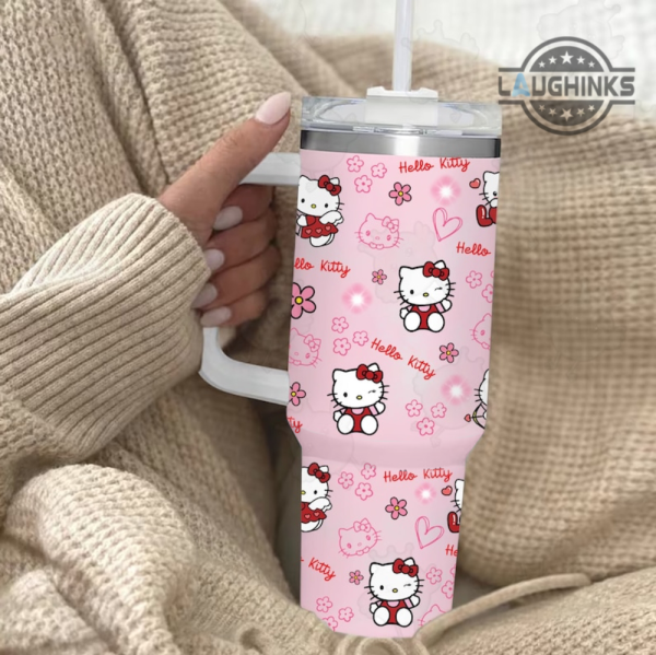 Valentines Day Stanley Cup 40 Oz X Hello Kitty Sanrio Valentines Day Gift For Her Pink Cat Stainless Steel Tumbler Cartoon Movies 40Oz Cups