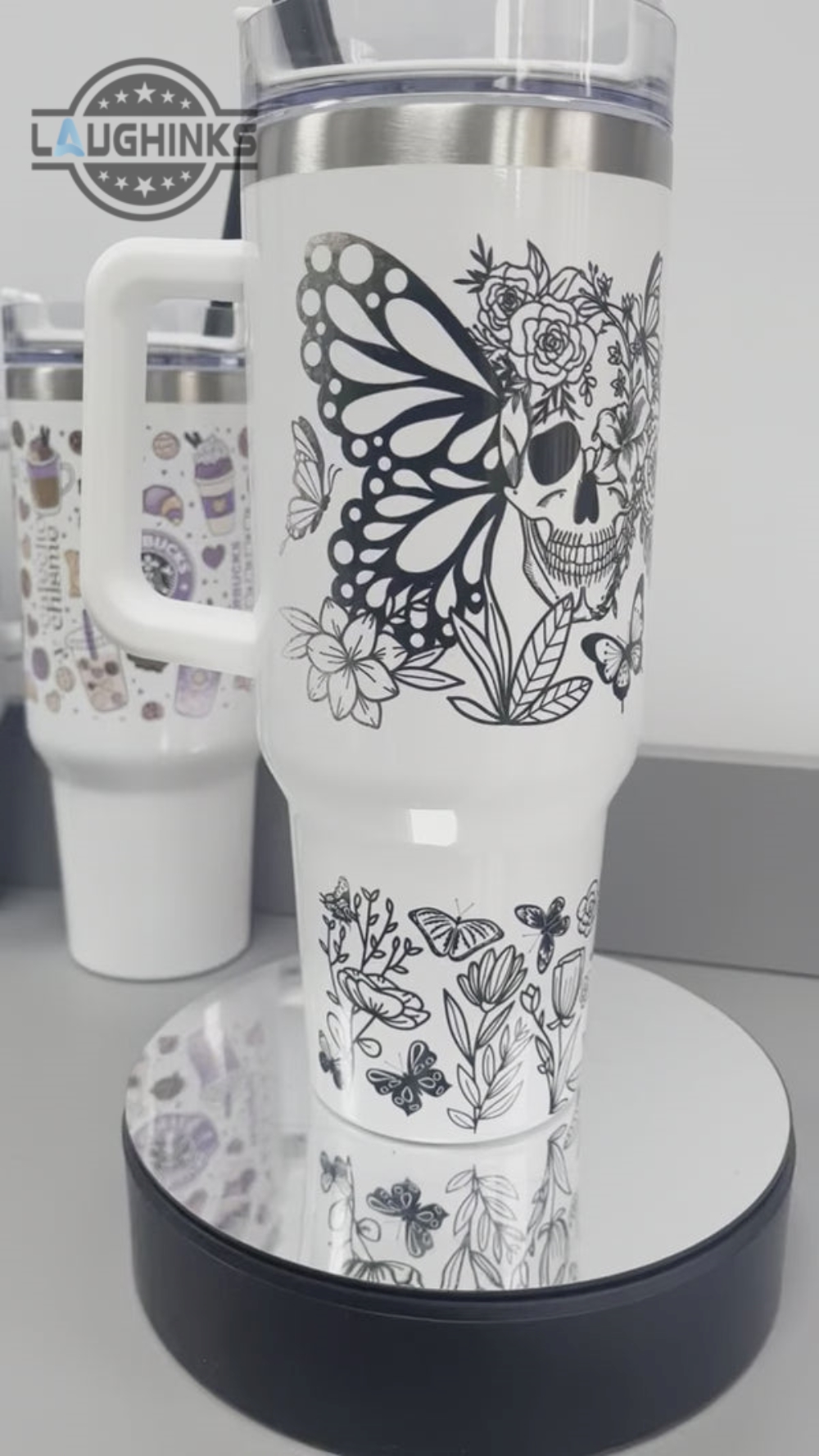 Skull And Butterfly 40Oz Quencher Tumbler 40 Oz Stainless Steel Stanley Cups Dupe With Handle