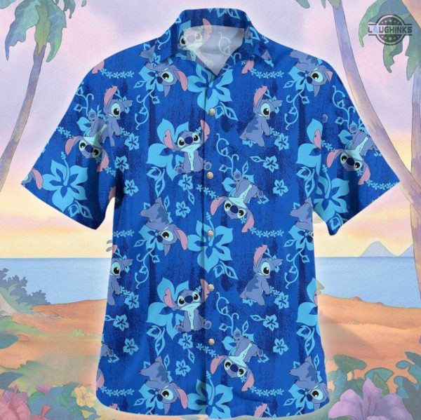 stitch hawaiian shirt and shorts disney lilo and stitch aloha shirts stitch button up shirt tropical hibiscus blue swim set summer trip gift for beach lovers laughinks 1