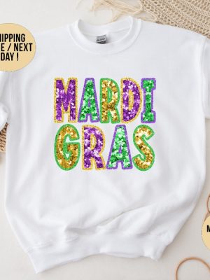 Mardi Gras 2024 Shirt Cute Mardi Gras Long Sleeve Shirt Louisiana Parade Krewe New Orleans Sweater Flower De Luce Shirt Faux Glitter Design Unique revetee 3