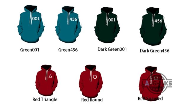 squid game tracksuit tshirt hoodie sweatshirt sweatpants triangle round square soldier cosplay adults kids neflix movie outfit 001 456 red green blue costumes laughinks 1
