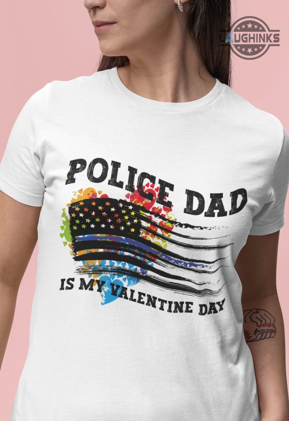 Police T Shirt Sweatshirt Hoodie Police Dad Is My Valentine Day Tshirt Funny Police Officer Love Tee Us Flag Hearts Shirts Cop Valentines Day Gift Police Support