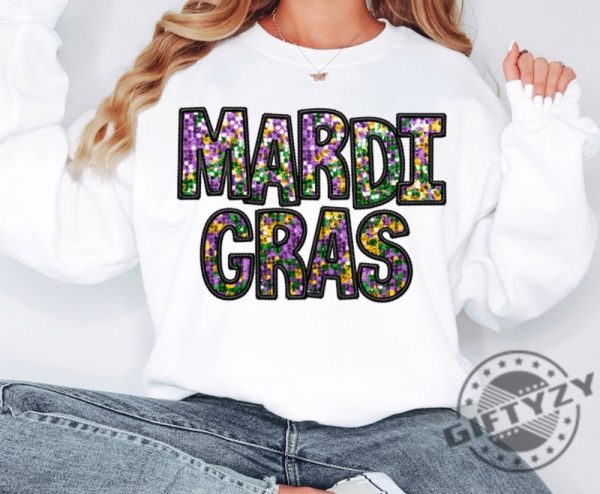 Mardi Gras Shirt Cute Mardi Gras Sweater Louisiana Parade Krewe Tshirt New Orleans Sweatshirt Flower De Luce Hoodie Faux Glitter Design Printed On Shirt giftyzy 1